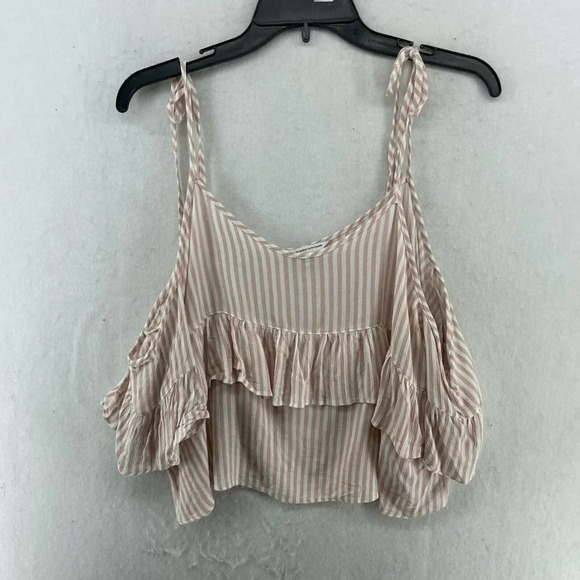 American Eagle Outfitters Blouse Women's Sz M Pink Striped Cold Shoulder Cropped - Picture 1 of 12